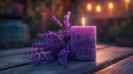 Purple candle surrounded by lavender flowers on a rustic wooden table with soft glowing lights