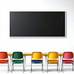 A modern classroom featuring colorful chairs in front of a large blackboard on a white wall.