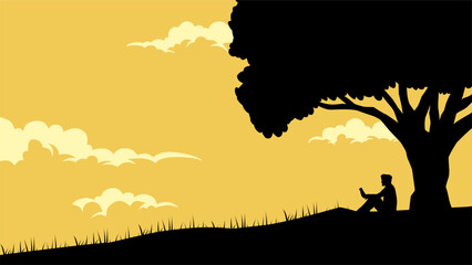 Naklejka premium Illustration of a person reading a book under the tree. Vector illustration of relaxing under shade tree while reading a book. Silhouette of someone enjoying hobby of reading under large tree
