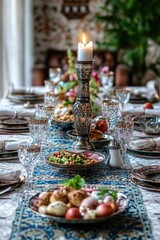 Naklejka premium Table with place settings, centerpiece, and elaborate food display.