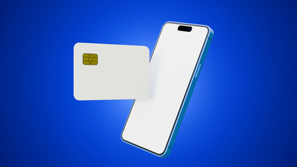 Smartphone and credit card mockup on blue background. Smartphone and plastic credit card. 3d mobile phone with blank white screen and bank card with chip. Debit card for finance and cell phone.