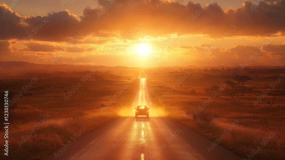Poster desert highway with a lone car driving through the endless open road summer heat rising from the asp