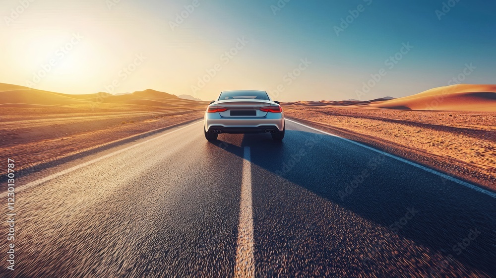 Poster desert highway with a lone car driving through the endless open road summer heat rising from the asp