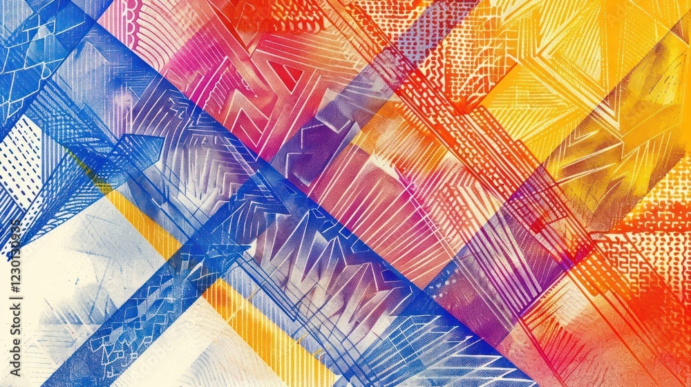 Poster vibrant abstract geometric pattern with colorful lines and textures creating a dynamic visual experi