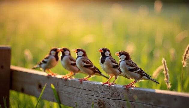 Five small birds with orange beaks are perched on a wooden fence in a field, illuminated by warm sunlight. The background is a blurred green landscape, suggesting mild weather and a serene environment
