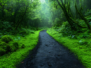 Misty forest path, lush greenery, tranquil walk