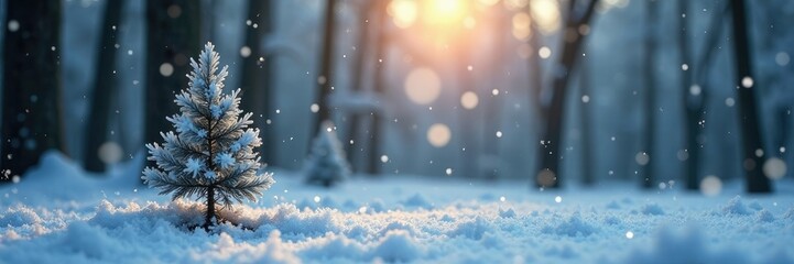 Frosty forest scene with a tiny tree and snowflakes, forest, tree, winter