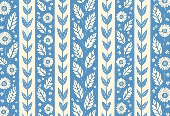 Seamless Vertical Stripes, Linocut Design, Pale Blue and White Border, Boho Floral Print, Leaf and Flower Pattern, Block Print Art, Rustic Textile Style, Elegant Repeat, No Text.


