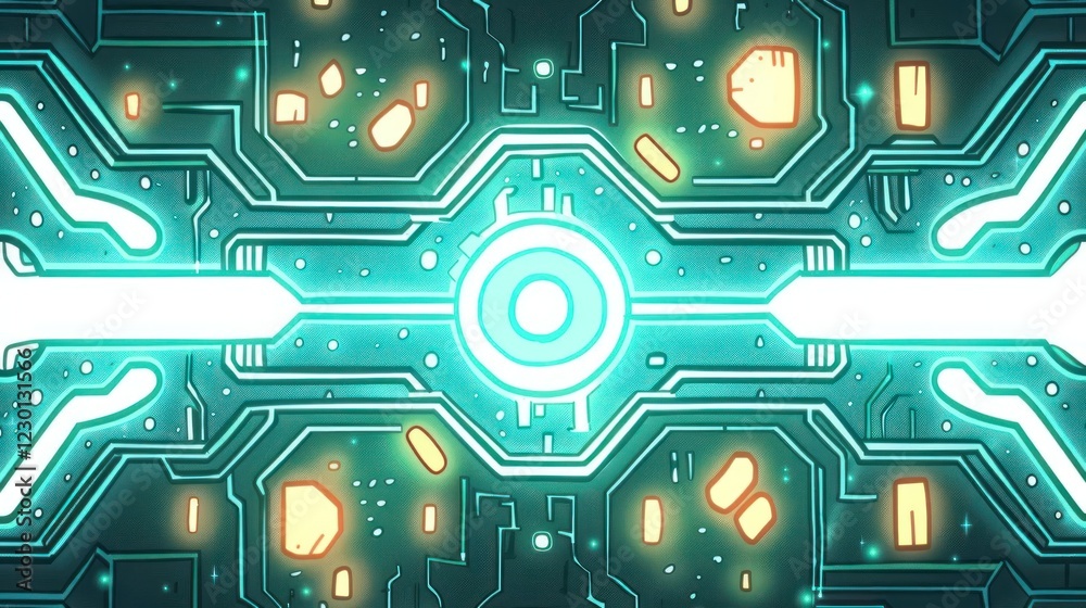 Poster futuristic digital circuit board design with glowing elements and abstract patterns