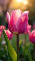 Fototapeta premium Pink orchid tulip in a garden with morning sun, gardens, spring scenes, pink orchids