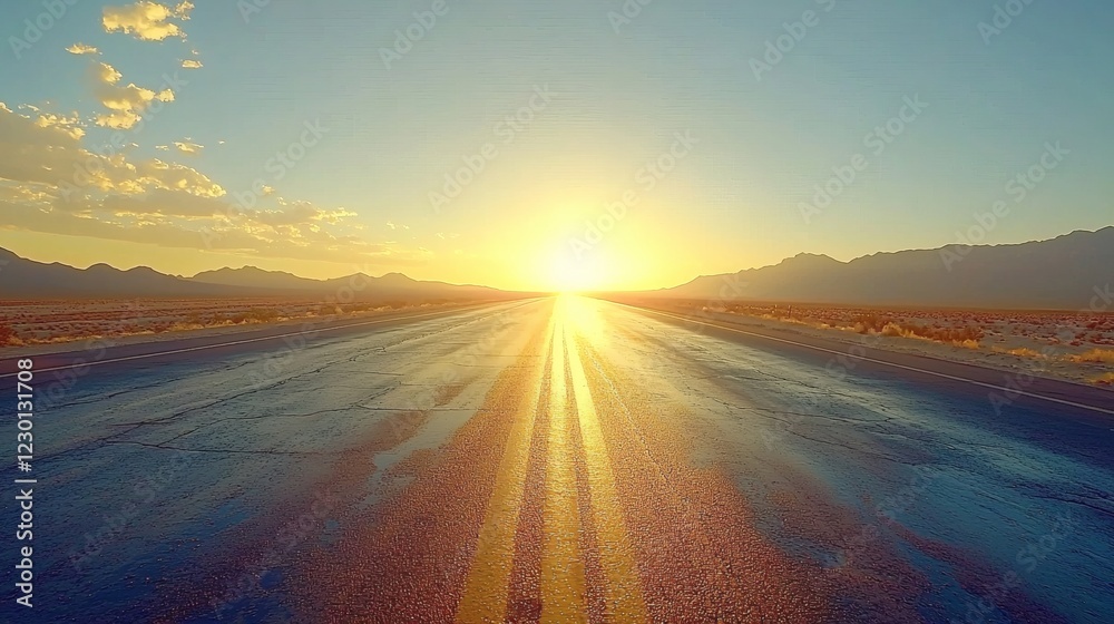 Aufkleber sunrise over a vast desert highway leading towards the mountains peaceful and scenic start to a summ