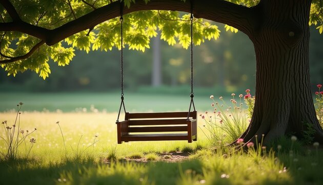 A wooden swing hangs from a large tree branch in a sunlit meadow, surrounded by green grass and wildflowers, evoking a serene and peaceful atmosphere