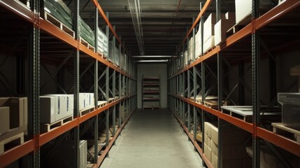 Fototapeta premium Warehouse Interior with Metal Shelving and Boxes