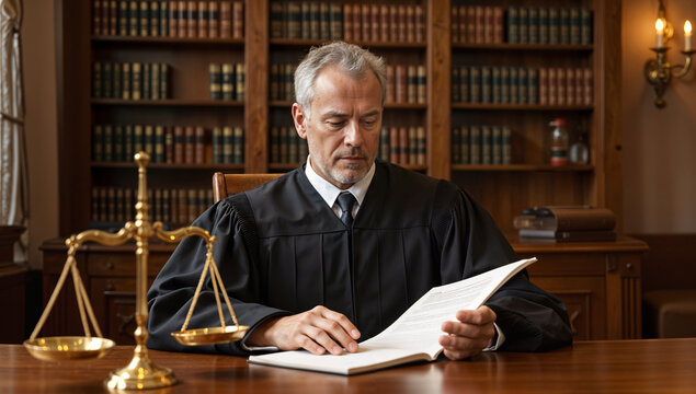 Juez con toga leyendo documento en despacho judicial