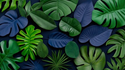 Tropical Leaf Abstract: A vibrant abstract composition featuring an array of lush tropical leaves in shades of green and blue, arranged in a captivating pattern against a deep blue background.