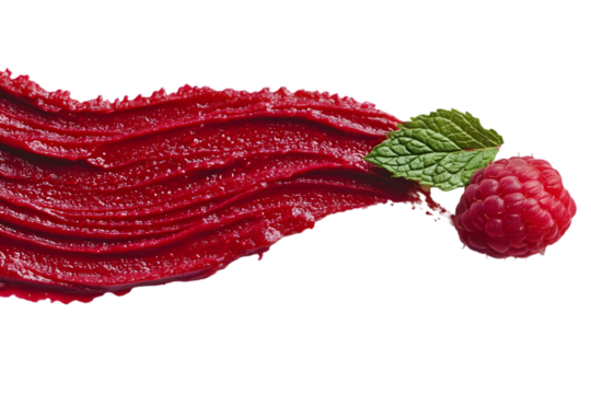 Vibrant raspberry coulis brush stroke with fresh mint leaf on a white background for culinary presentation and creativity