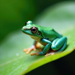 Naklejka premium Iridescent mint green frog with golden spots on white leaf, frog, leaf