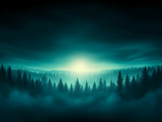 Misty forest sunrise, mountain landscape