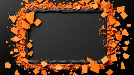 Halloween Frame: A vibrant Halloween-themed frame crafted from shattered orange pieces, creating a dramatic and eye-catching border around a black central space, perfect for adding text or images.