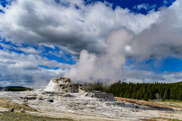 Geysers with hot water spew steam in Yellowstone National Park