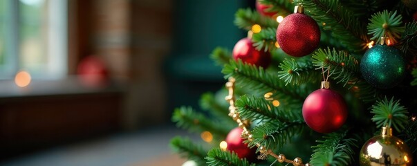 Knitted Christmas tree with colorful ornaments and garland, Christmas tree, ornaments