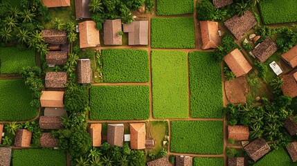 Aerial view of lush green fields and rustic homes in rural landscape farming community nature photography