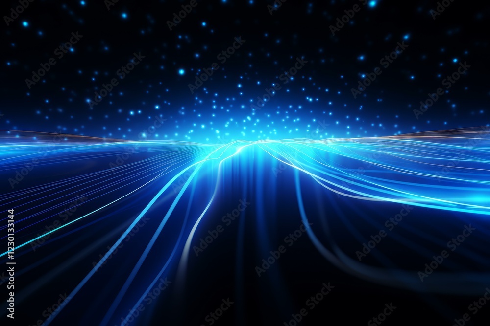 Fototapete Blue light trails flow across a dark background, creating a futuristic and dynamic visual with sparkling particles
