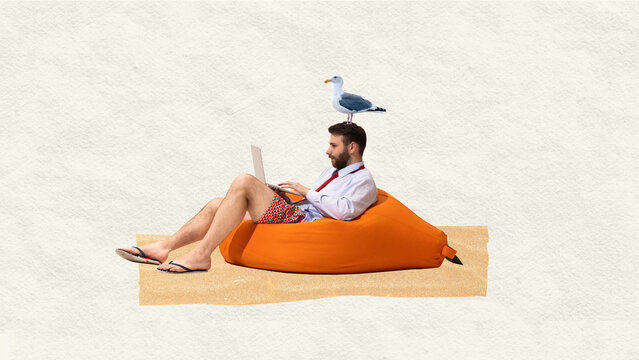 Digital lifestyle. Man in business attire working on a laptop while lounging on orange beanbag, relaxing on beach. Abstract art collage. Concept of freelancing, remote job, vacation work mode.