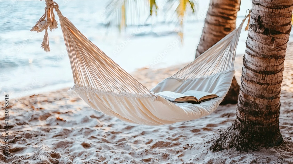 Aufkleber minimalist travel hammock tied between two palm trees on a tropical beach with a book and sunglasses