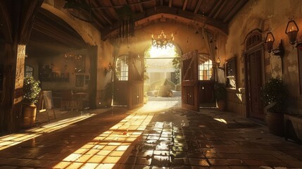 Obraz premium Sunlit interior of a rustic building with open doors, showcasing warm ambiance and greenery