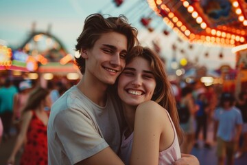 Obraz premium Portrait of a cheerful caucasian couple in their 20s wearing a simple cotton shirt isolated on vibrant amusement park