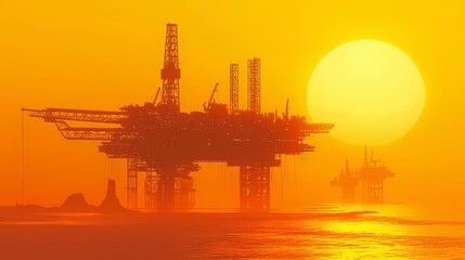 Industrial Oil Platforms at Sunset Over Calm Ocean Waters