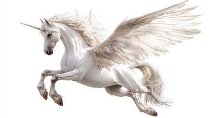 Majestic Winged Unicorn in Mid-Flight Against a White Background