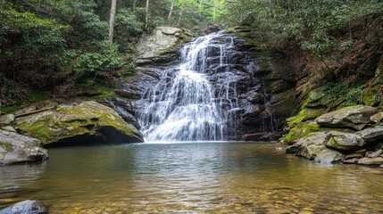 Fototapeta premium Waterfall cascading into pool, lush forest background; nature photography