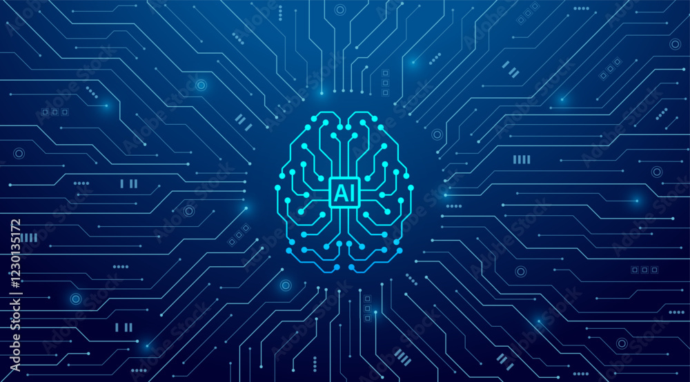 Aufkleber Concept of Artificial intelligence. AI digital brain on the circuit motherboard. Futuristic technology background. Vector illustration for banner and web template.