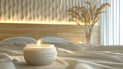 Serene bedroom setting featuring a lit candle on a textured bedspread with ambient lighting