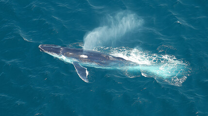Fototapeta premium Majestic blue whale breaching ocean surface, showcasing its immense size and beauty. powerful spray of water adds to breathtaking scene of nature wonder