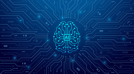 Concept of Artificial intelligence. AI digital brain on the circuit motherboard. Futuristic technology background. Vector illustration for banner and web template.