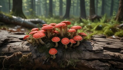 Fototapeta premium Red poisonous fly agaric growing on decaying log, green moss, fly agaric, decay