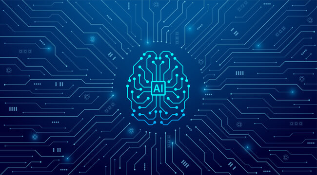 Concept of Artificial intelligence. AI digital brain on the circuit motherboard. Futuristic technology background. Vector illustration for banner and web template.