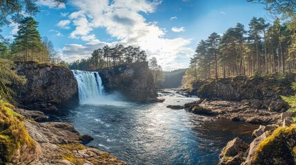 Waterfall cascading into river, forest background, sunny day, nature scene