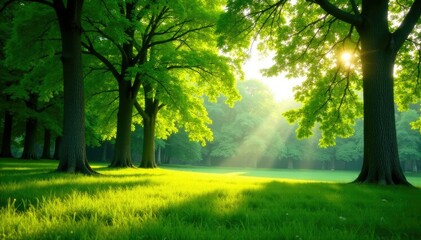 Fototapeta premium Serene green landscape with tall trees swaying gently in the breeze, sunlight, trees