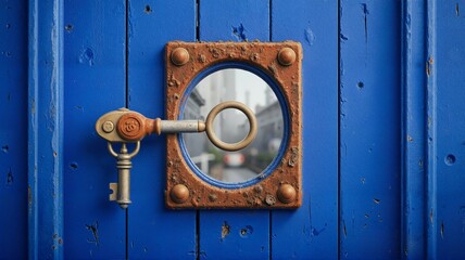 A blue door with key and circular mirror.