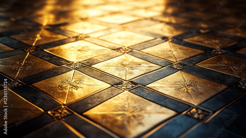 Poster Radiant ceramic tiles create a stunning visual display with intricate patterns, illuminated by soft golden light. The glossy finish enhances the elegance of the space, inviting contemplation