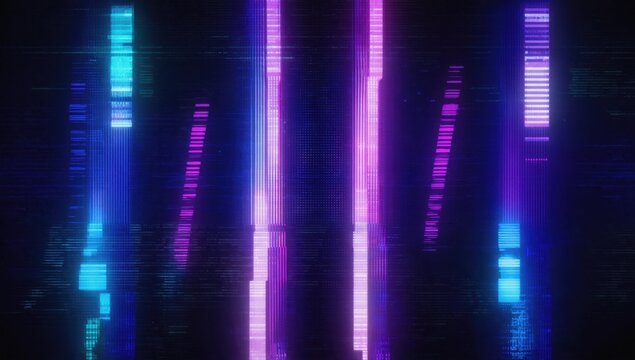 Digital glitch noise texture with  purple color shifts, distorted pixels and neon glow, futuristic cyberpunk aesthetic
