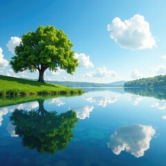 Serene tree reflects peaceful lake beneath blue sky with fluffy white clouds, nature, serene