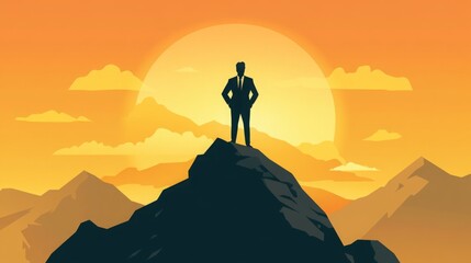 A silhouetted figure stands triumphantly on a mountain peak at sunset, symbolizing achievement and success against a vibrant orange sky.