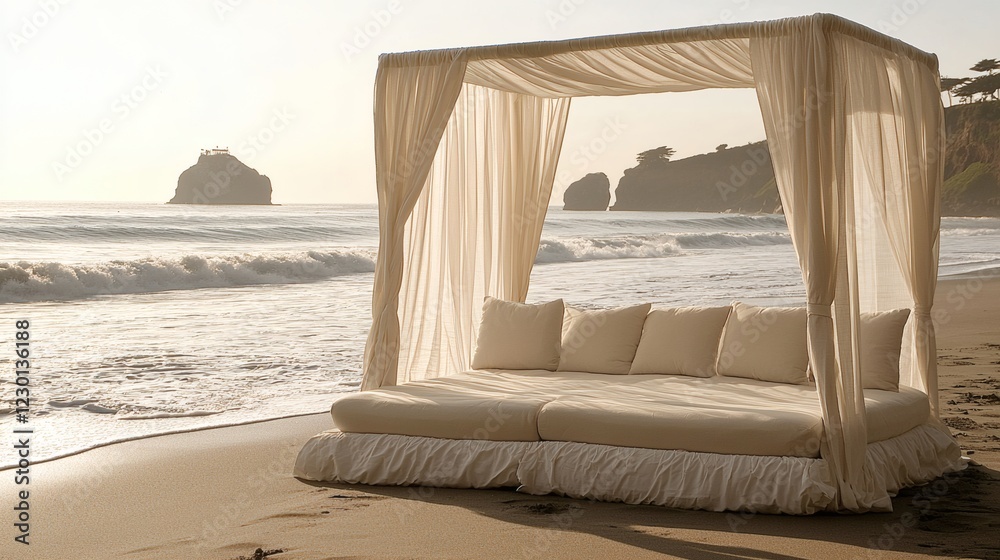 Poster exotic beach resort with private cabanas waves gently lapping at the shore barefoot luxury experienc