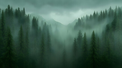 Misty mountain forest valley landscape
