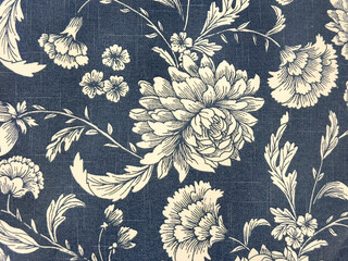 Random abstract blue and white flower and leaves illustration. Floral and foliage theme in random abstract concept. For wallpaper, fabric, and upholstery curtain. Illustration seamless background 
